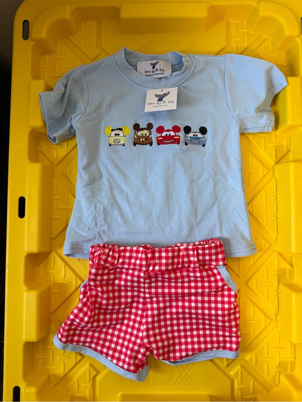 Light Blue Cars Matching Set with Red Gingham Shorts